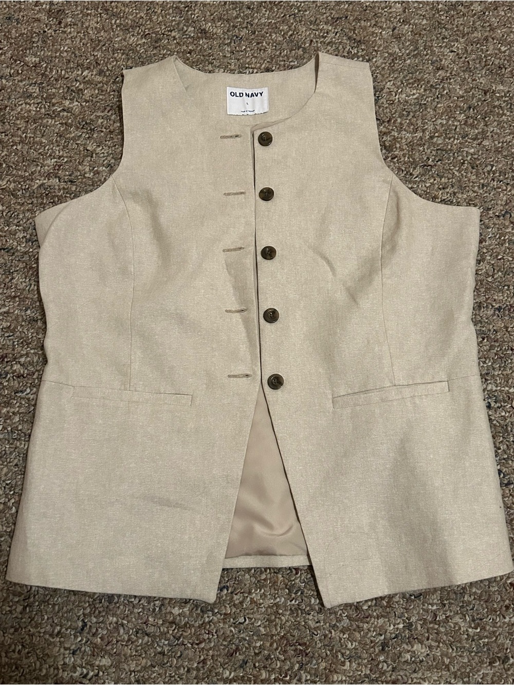 Old Navy Sleeveless Beige Button-Down Vest Pockets Women’s Size Large